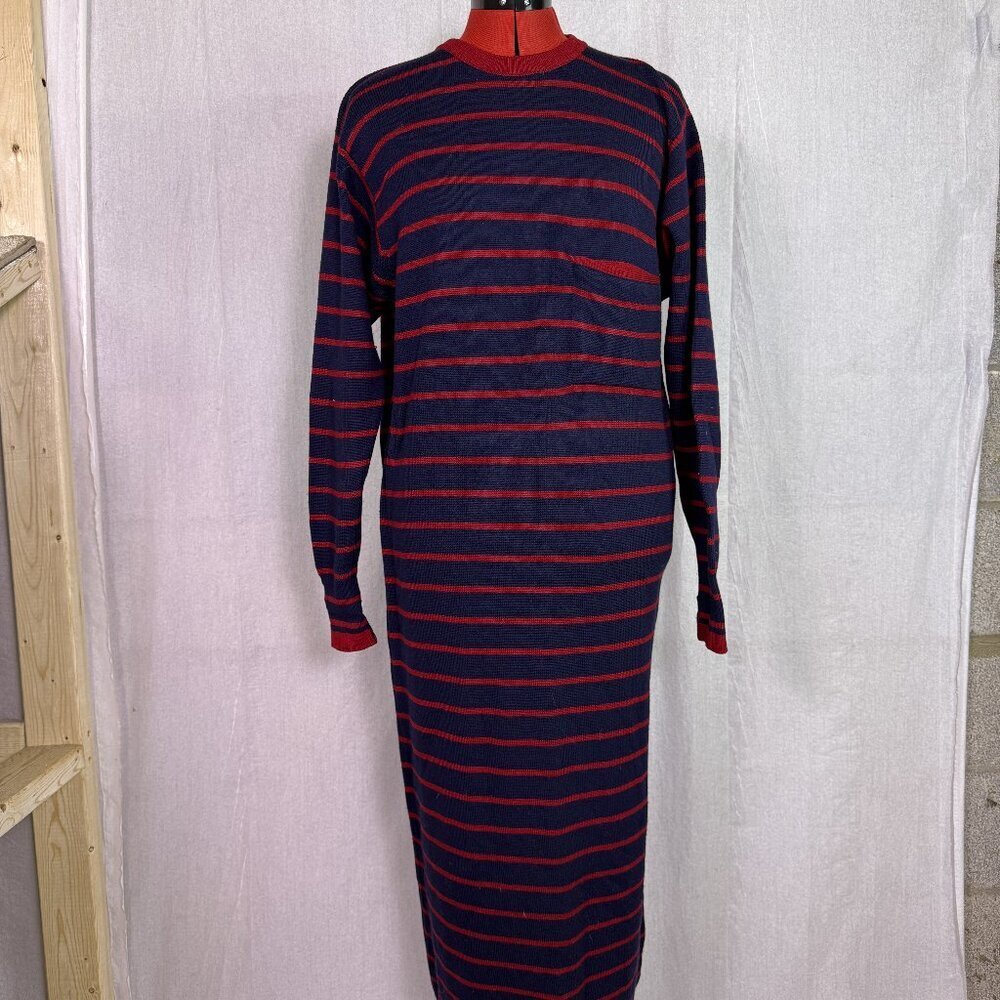 VTG Gloria Sachs Women Sweater Dress Sz Medium Merino Wool Blue Red Striped F138